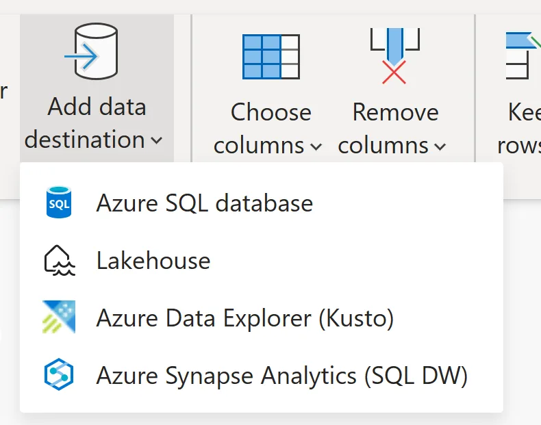 Menu Adicionar destino de dados do Dataflow Gen2 com opções como Azure SQL, Lakehouse e Azure Data Explorer