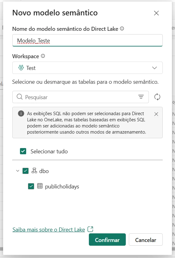 Criação de novo modelo semântico a partir do Lakehouse