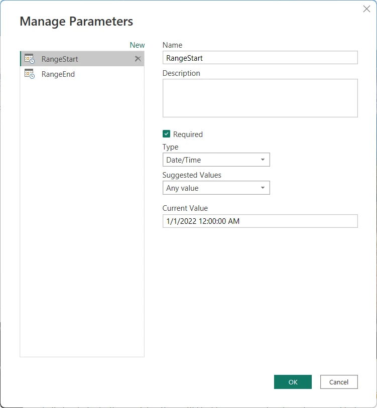 Caixa de diálogo Gerenciar Parâmetros do Power Query com os parâmetros RangeStart e RangeEnd do tipo Data/Hora