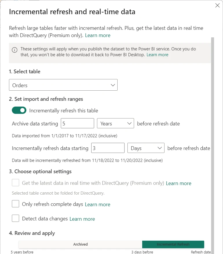 Caixa de diálogo Incremental refresh and real-time data do Power BI Desktop com os períodos de arquivamento e de atualização incremental configurados